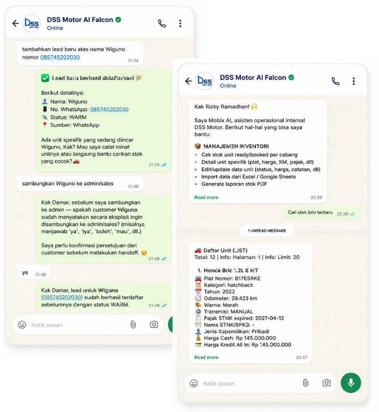 Percakapan WhatsApp Falcon AI: catat lead baru dan kirim daftar unit ready dari stok live dealer.