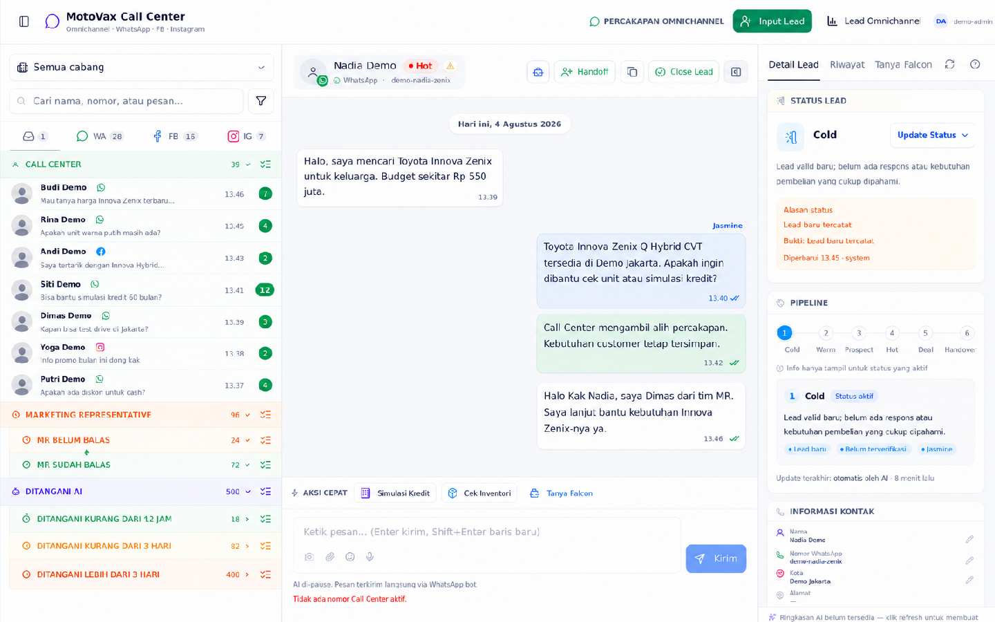 Workspace Motovax Call Center: daftar percakapan WhatsApp, Facebook, dan Instagram, respons Jasmine AI, takeover Agent, serta handoff ke MR.