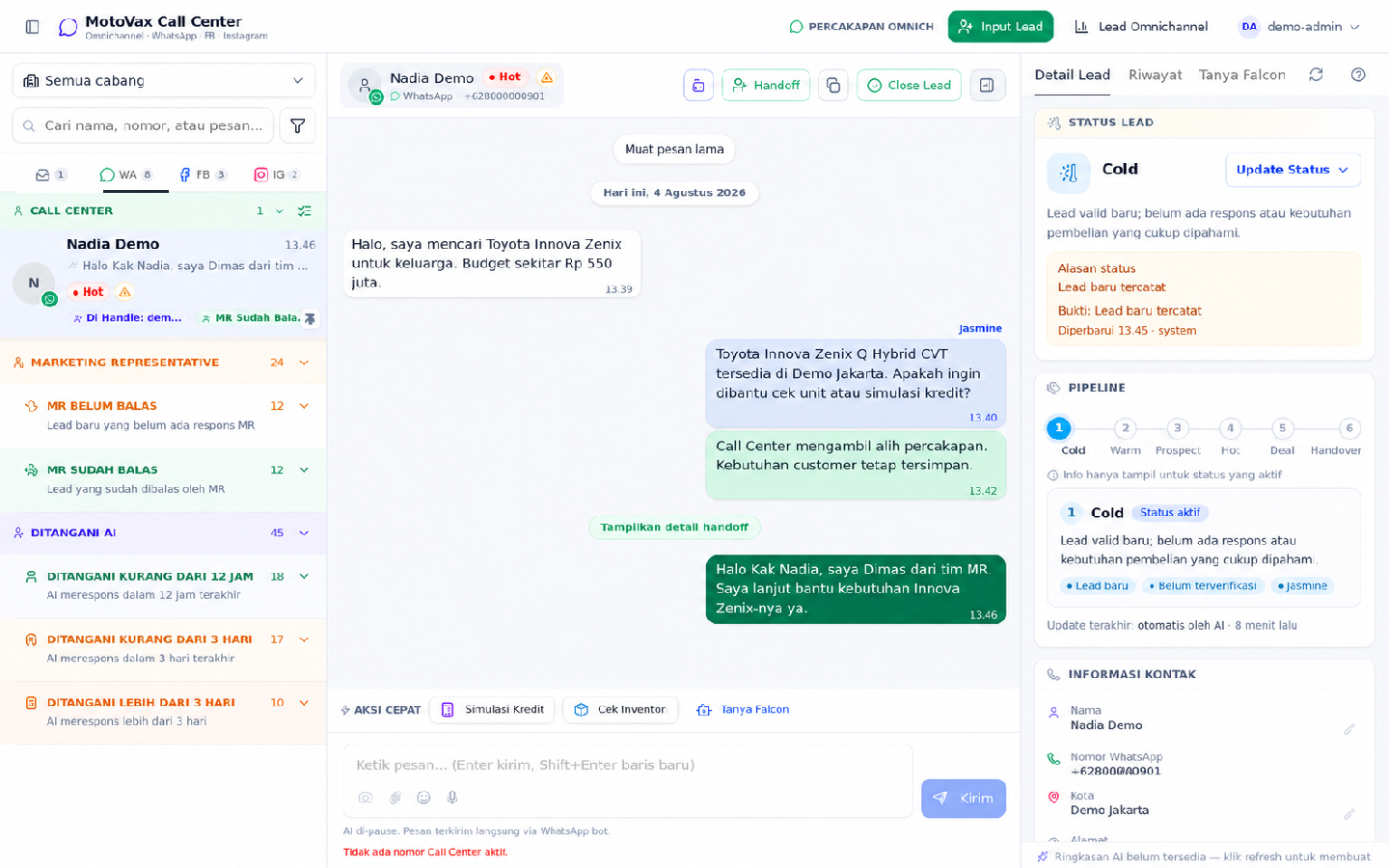Percakapan omnichannel Motovax dengan respons Jasmine, takeover Call Center, dan handoff ke MR.