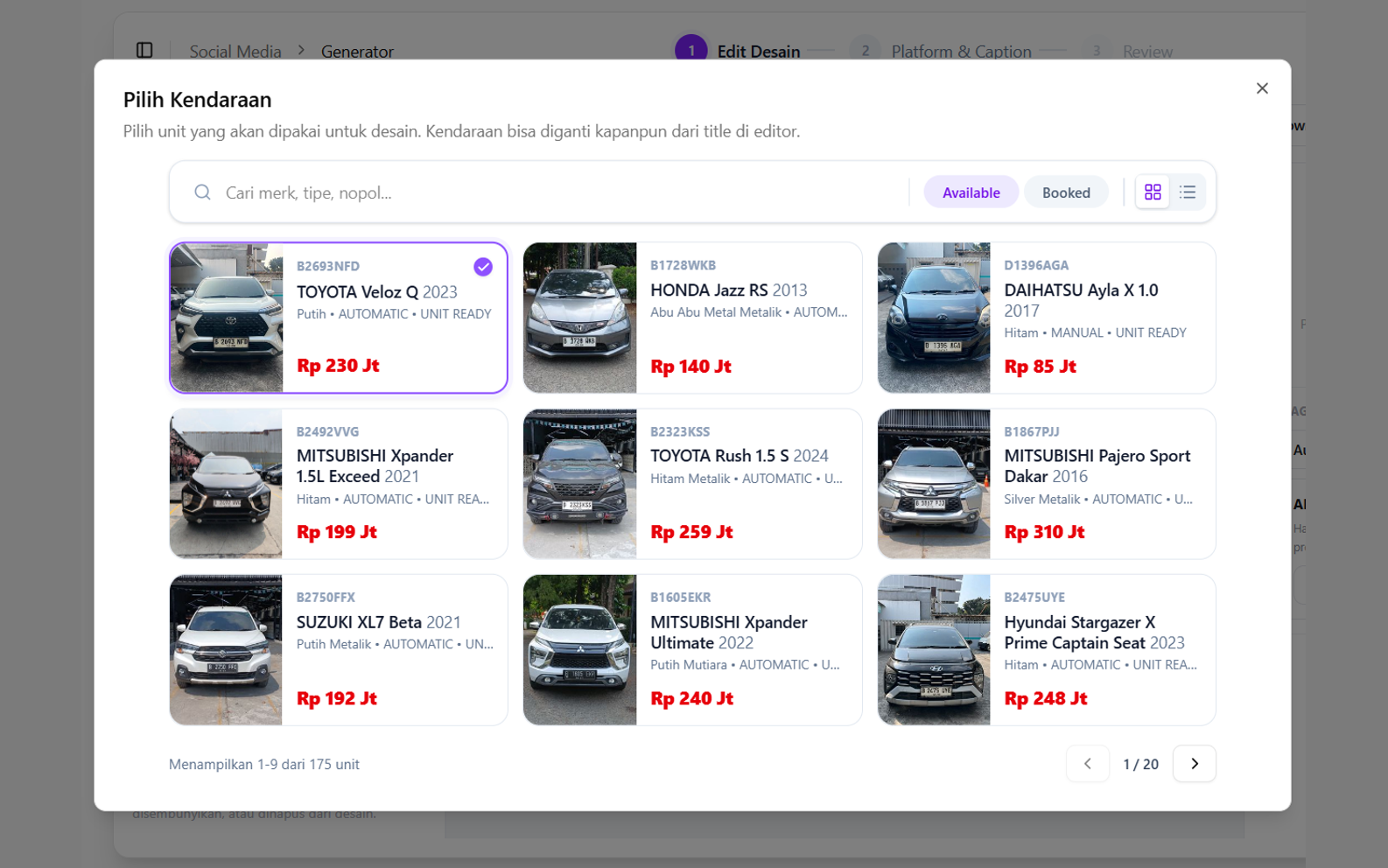Studio Iris: pilih unit ready dari inventory untuk dijadikan materi konten.