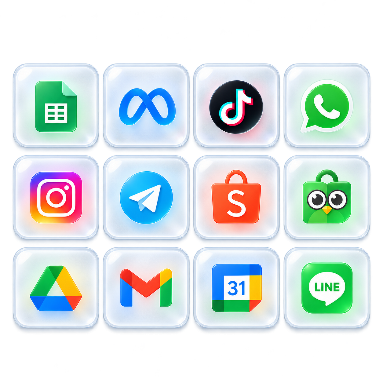 Integrasi: Google Sheets, Meta, TikTok, WhatsApp, Instagram, Telegram, Shopee, Tokopedia, Google Drive, Gmail, Google Calendar, LINE