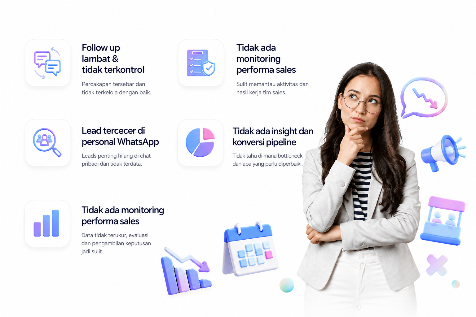 Infografis tantangan dealer: follow up lambat dan tidak terkontrol, lead tercecer di WhatsApp pribadi, tidak ada monitoring performa sales, serta tidak ada insight konversi pipeline.