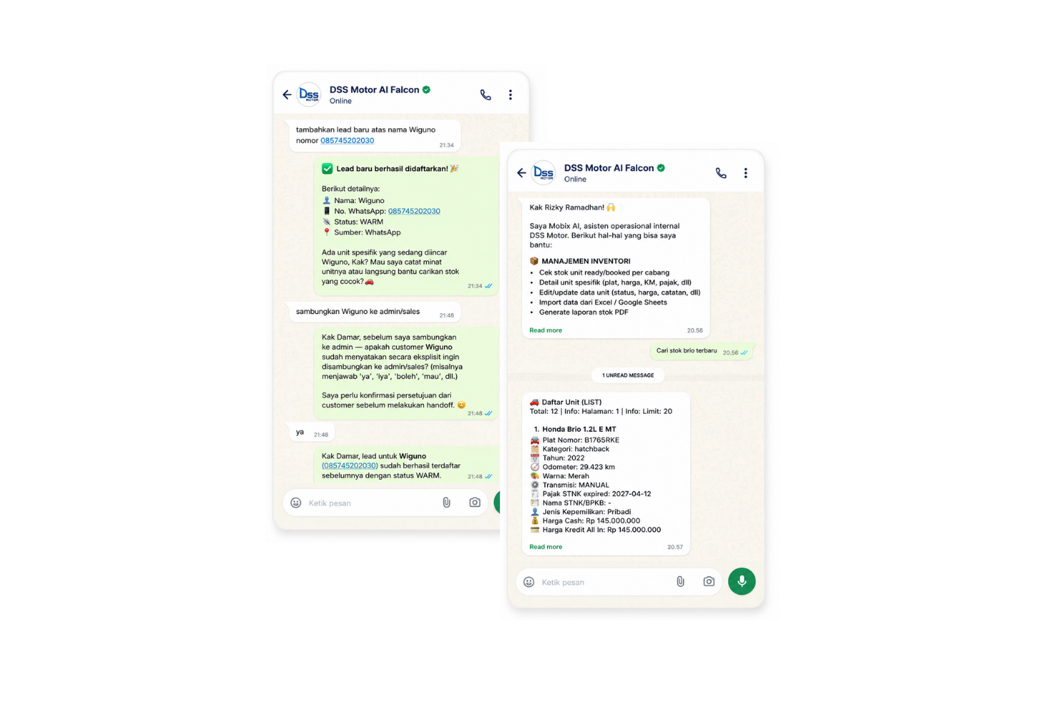 Percakapan WhatsApp DSS Motor AI Falcon: lead baru terdaftar otomatis dan stok unit dicari lewat Inventory Management.