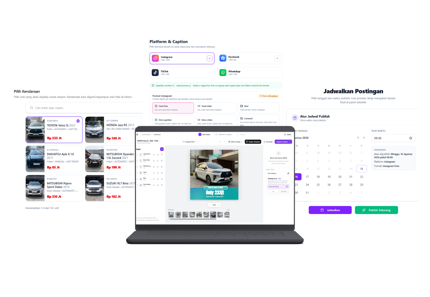 Studio konten Mobix: pilih unit dari inventori, generate background AI, lalu jadwalkan posting ke Instagram, Facebook, TikTok, dan WhatsApp.